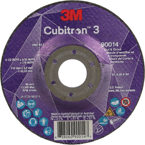 Cubitron 3 Cut & Grind Wheel, 4-1/2" x 5/32", 7/8" Arbor, Type T27, 36+ Grit, Ceramic Toolneeds Inc.