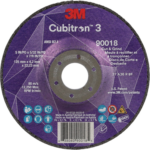 Meule &agrave; couper & tronçonner Cubitron 3, 5" x 5/32", Arbre de 7/8", Type T27, Grain de 36+, C&eacute;ramique Toolneeds Inc.