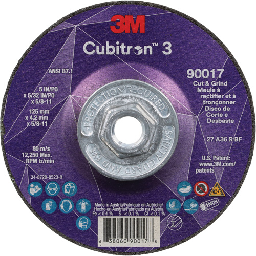 Meule &agrave; couper & tronçonner Cubitron 3, 5" x 5/32", Arbre de 5/8"-11, Type T27, Grain de 36+, C&eacute;ramique Toolneeds Inc.