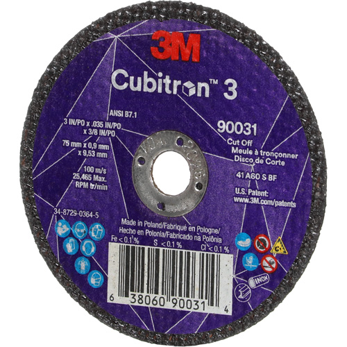 Cubitron 3 Cut-Off Wheel, 3" x 0.035", 3/8" Arbor, Type T1, Ceramic, 21000 RPM Toolneeds Inc.