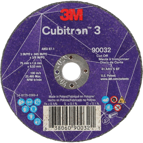 Cubitron 3 Cut-Off Wheel, 3" x 0.045", 3/8" Arbor, Type T1, Ceramic, 21000 RPM Toolneeds Inc.