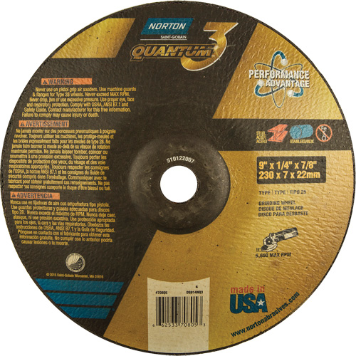 Quantum 3 SG Depressed Center Grinding Wheel, 9" x 1/4", 7/8" Arbor, Type 28, Ceramic, 6600 RPM Toolneeds Inc.