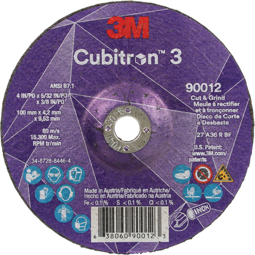 Meule &agrave; rectifier et &agrave; tronçonner Cubitron 3, 4" x 5/32", Arbre de 3/8", Type 27, Grain de 36, C&eacute;ramique Toolneeds Inc.
