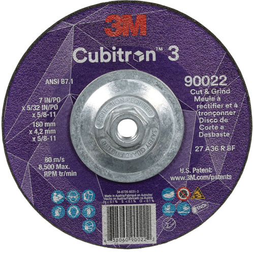 Cubitron 3 Cut and Grind Wheel, 7" x 5/32", 5/8"-11 Arbor, Type 27, 36 Grit, Ceramic Toolneeds Inc.