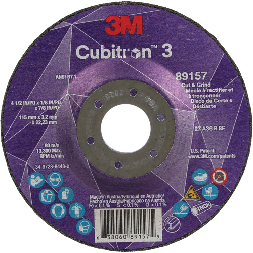 Cubitron 3 Cut and Grind Wheel, 4-1/2" x 1/8", 7/8" Arbor, Type 27, 36 Grit, Ceramic Toolneeds Inc.