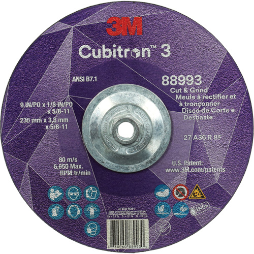 Meule &agrave; rectifier et &agrave; tronçonner Cubitron 3, 9" x 1/8", Arbre de 5/8"-11, Type 27, Grain de 36, C&eacute;ramique Toolneeds Inc.