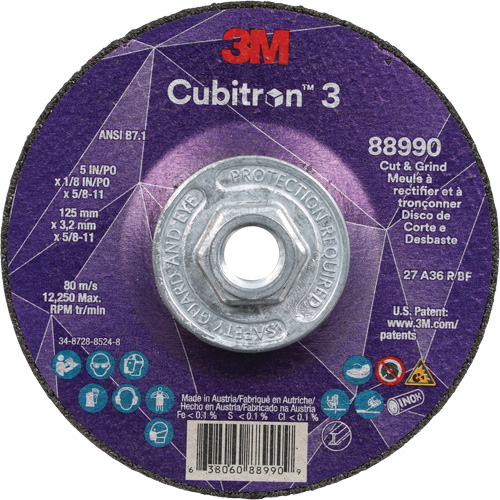 Meule &agrave; rectifier et &agrave; tronçonner Cubitron 3, 5" x 1/8", Arbre de 5/8"-11, Type 27, Grain de 36, C&eacute;ramique Toolneeds Inc.