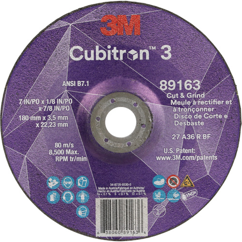 Cubitron 3 Cut and Grind Wheel, 7" x 1/8", 7/8" Arbor, Type 27, 36 Grit, Ceramic Toolneeds Inc.