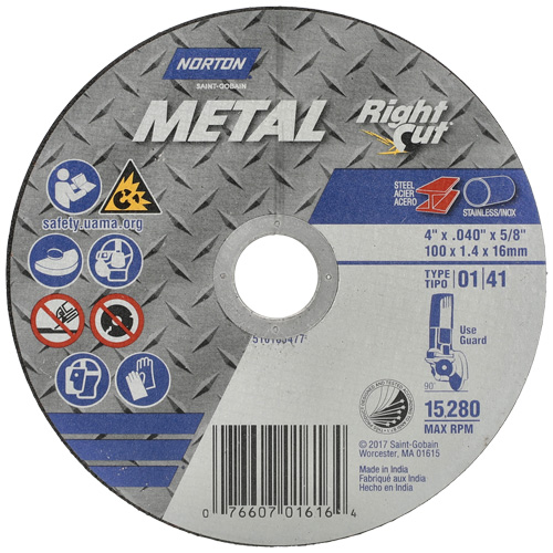 Meule &agrave; tronçonner m&eacute;tallique pour coupe &agrave; angle droit RightCut, 4-1/2" x 0,04", Arbre de 7/8", Type 01/41, Oxyde d'aluminium, 13580 Tr/min Toolneeds Inc.