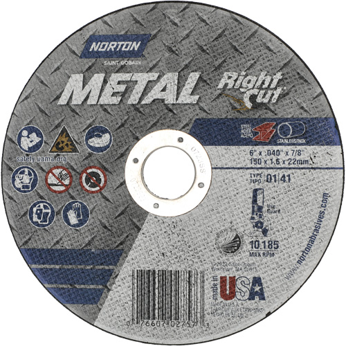 Metal RightCut Right Angle Cut-Off Wheel, 6" x 0.04", 7/8" Arbor, Type 01/41, Aluminum Oxide, 10185 RPM Toolneeds Inc.