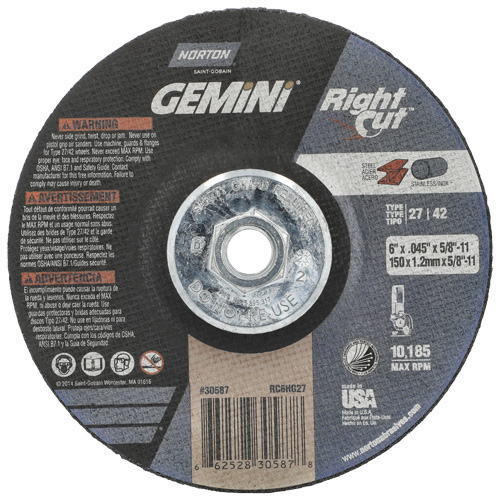 Gemini RightCut Right Angle Cut-Off Wheel, 6" x 0.045", 5/8"-11 Arbor, Type 27/42, Aluminum Oxide, 10185 RPM Toolneeds Inc.