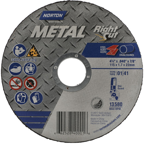 Metal RightCut Right Angle Cut-Off Wheel, 4-1/2" x 0.045", 7/8" Arbor, Type 01/41, Aluminum Oxide, 13580 RPM Toolneeds Inc.