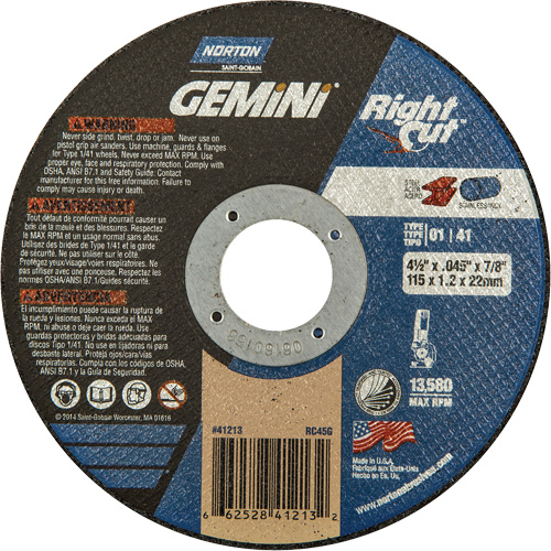 Gemini RightCut Right Angle Cut-Off Wheel, 4-1/2" x 0.045", 7/8" Arbor, Type 01/41, Aluminum Oxide, 13580 RPM Toolneeds Inc.
