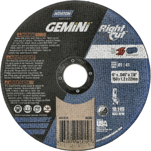 Meule &agrave; tronçonner pour coupe &agrave; angle droit RightCut Gemini, 6" x 0,045", Arbre de 7/8", Type 01/41, Oxyde d'aluminium, 10185 Tr/min Toolneeds Inc.