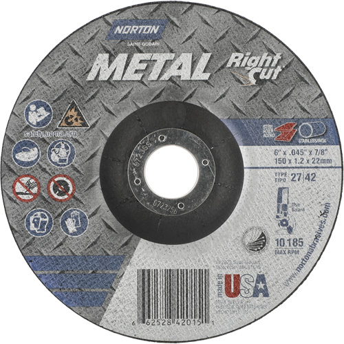 Metal RightCut Right Angle Cut-Off Wheel, 6" x 0.045", 7/8" Arbor, Type 27/42, Aluminum Oxide, 10190 RPM Toolneeds Inc.