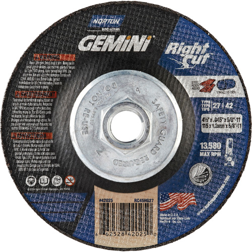 Gemini RightCut Right Angle Cut-Off Wheel, 4-1/2" x 0.045", 5/8"-11 Arbor, Type 27/42, Aluminum Oxide, 13580 RPM Toolneeds Inc.