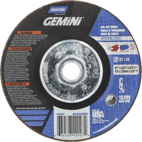Gemini INOX/SS Right Angle Cut-Off Wheel, 4-1/2" x 3/32", 5/8"-11 Arbor, Type 27/42, Aluminum Oxide, 13580 RPM Toolneeds Inc.