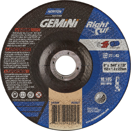 Meule &agrave; tronçonner pour coupe &agrave; angle droit RightCut Gemini, 6" x 0,045", Arbre de 7/8", Type 27/42, Oxyde d'aluminium, 10185 Tr/min Toolneeds Inc.