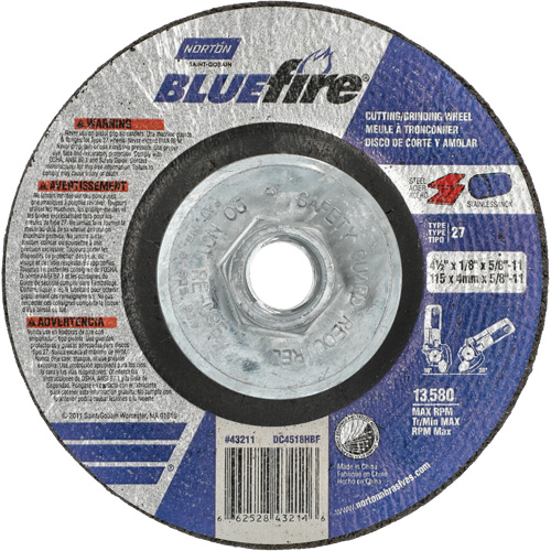 BlueFire Grinding & Cutting Wheel, 4-1/2" x 1/8", 5/8"-11 Arbor, Type 27, Zirconia Alumina Toolneeds Inc.