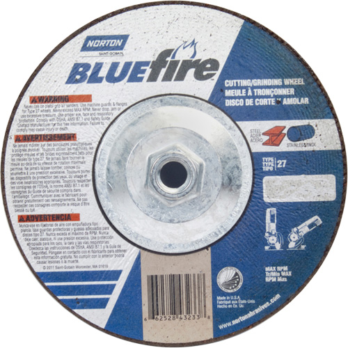 Disque de meulage et tronçonnage BlueFire, 7" x 1/8", Arbre de 5/8"-11, Type 27, Alumine de zirconium Toolneeds Inc.
