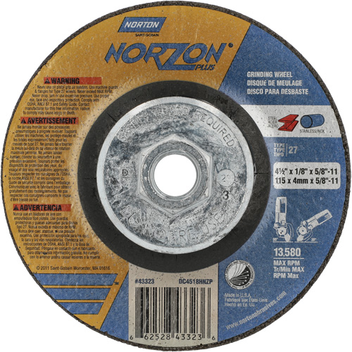 Disque de meulage et tronçonnage NorZon Plus SGZ CA, 4-1/2" x 1/8", Arbre de 5/8"-11, Type 27, C&eacute;ramique d'alumine Toolneeds Inc.