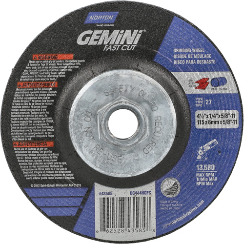 Gemini Grinding Wheel, 4-1/2" x 1/4", 5/8"-11 Arbor, Aluminum Oxide, Type 27 Toolneeds Inc.