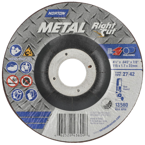 Metal RightCut Right Angle Cut-Off Wheel, 4-1/2" x 0.045", 7/8" Arbor, Type 27, Aluminum Oxide, 13580 RPM Toolneeds Inc.
