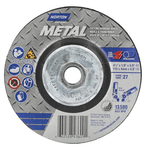 Metal Grinding & Cutting Wheel, 4-1/2" x 1/8", 5/8"-11 Arbor, Type 27, Aluminum Oxide Toolneeds Inc.