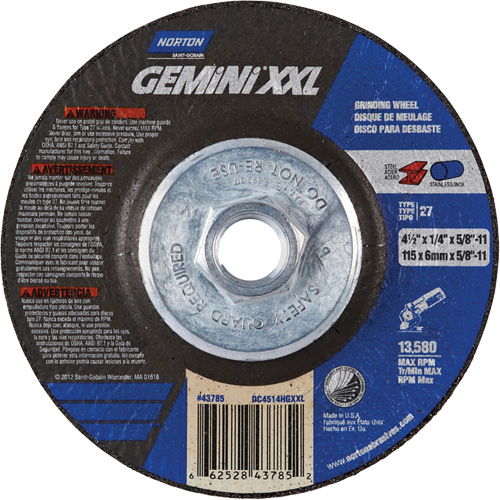 Meule XXL Gemini, 4-1/2" x 1/4", Arbre 5/8"-11, Oxyde d'aluminium, Type 27 Toolneeds Inc.