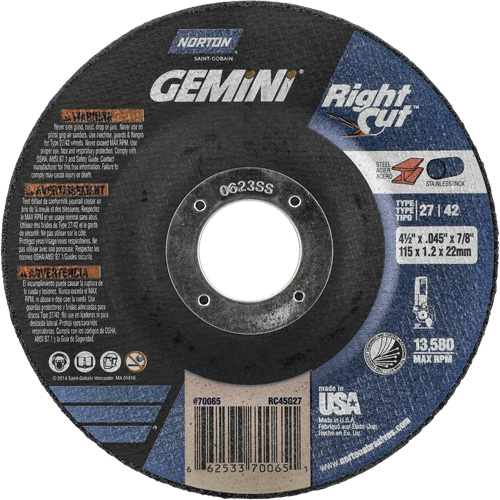 Meule &agrave; tronçonner pour coupe &agrave; angle droit RightCut Gemini, 4-1/2" x 0,045", Arbre de 7/8", Type 27/42, Oxyde d'aluminium, 13580 Tr/min Toolneeds Inc.