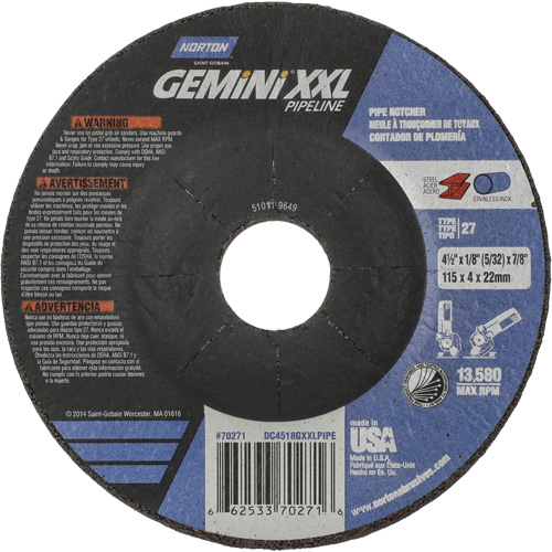 Disque combin&eacute; de meulage et tronçonnage Gemini XXL, 4-1/2" x 1/8", Arbre de 7/8", Type 27, Oxyde d'aluminium Toolneeds Inc.