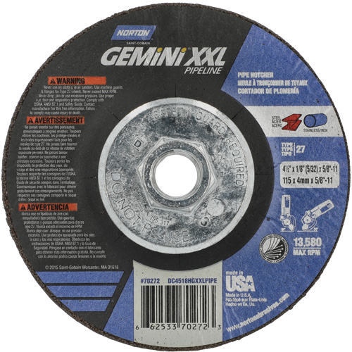 Disque combin&eacute; de meulage et tronçonnage Gemini XXL, 4-1/2" x 1/8", Arbre de 5/8"-11, Type 27, Oxyde d'aluminium Toolneeds Inc.