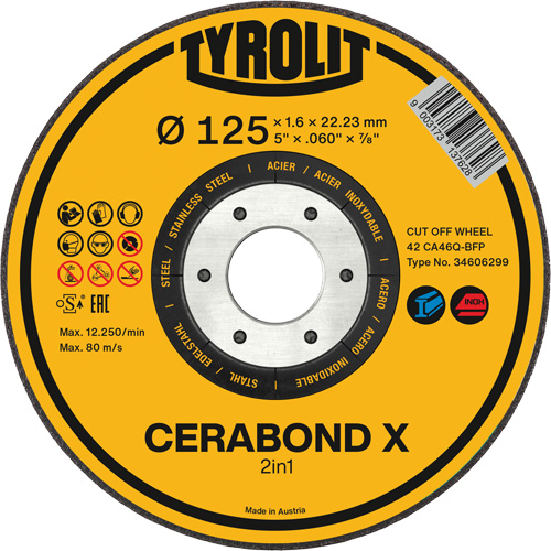 Meule &agrave; tronçonner pour acier et acier inoxydable CERABOND X, 4-1/2" x 0,45", Arbre de 7/8", Type 1, C&eacute;ramique, 12250 Tr/min Toolneeds Inc.
