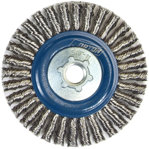 Brosse &agrave; fils nou&eacute;s pour cordons de soudure pour meuleuse angulaire, Dia. 4", Fils 0,02", Arbre 5/8"-11, Acier inoxydable Toolneeds Inc.
