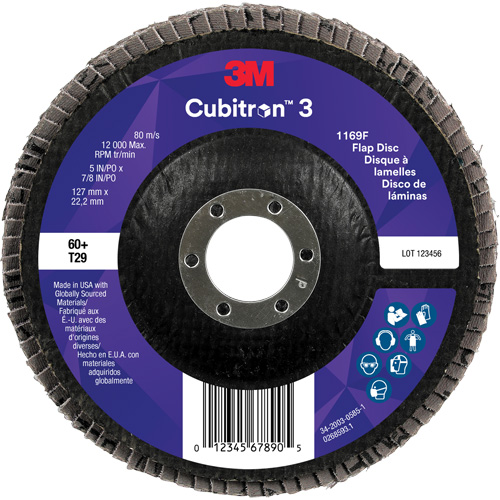 Disque &agrave; lamelles conique 1169F Cubitron 3, 5" x 7/8", Type T29, Grain 60+, C&eacute;ramique Toolneeds Inc.