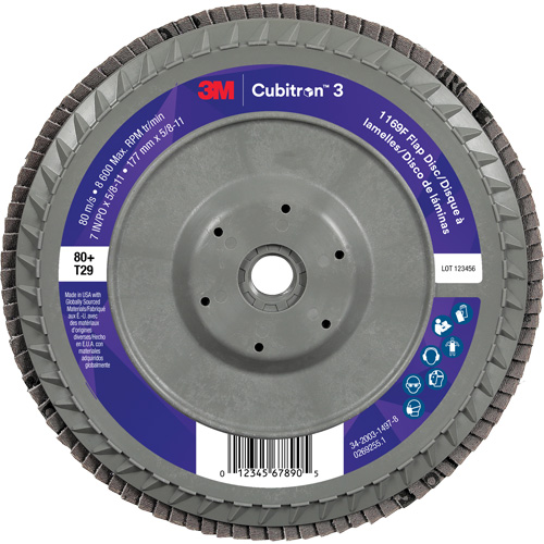 Disque &agrave; lamelles plate 1169F Cubitron 3, 7" x 5/8"-11, Type T29, Grain 80+, C&eacute;ramique Toolneeds Inc.