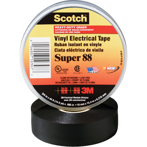 Scotch&reg; Super 88 Tape, 19 mm (3/4") x 20.1 m (66'), Black, 8.5 mils Toolneeds Inc.