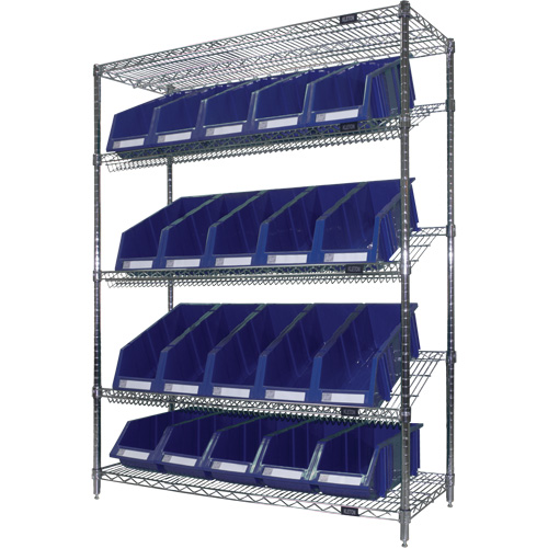 Slanted Wire Shelf with Bins, 5 Tiers, 48" W x 63" H x 18" D Toolneeds Inc.