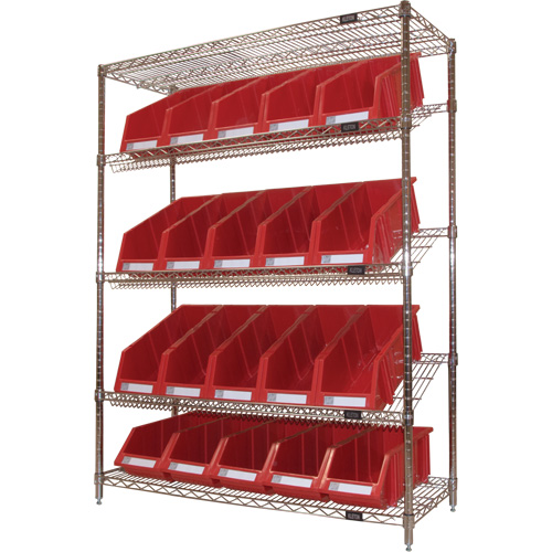 Slanted Wire Shelf with Bins, 5 Tiers, 48" W x 63" H x 18" D Toolneeds Inc.