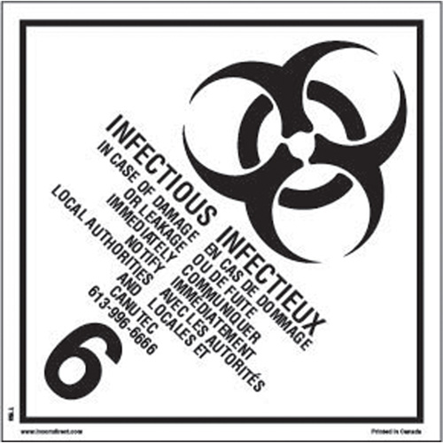 TDG Shipping Labels, Class 6.2, Infectious Substances, Vinyl Toolneeds Inc.