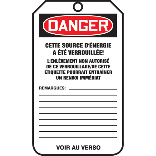 &eacute;tiquettes de verrouillage, Papier cartonn&eacute;, 3-1/8" la x 5-7/8" h, Français Toolneeds Inc.