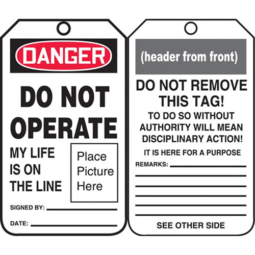 &eacute;tiquettes de s&eacute;curit&eacute;, Plastique, 3-3/8" la x 5-3/4" h, Anglais Toolneeds Inc.