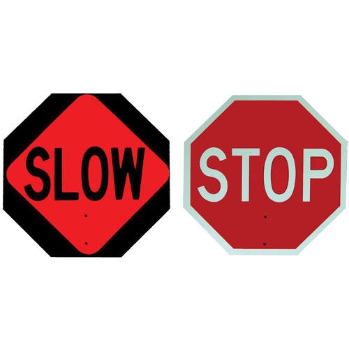 Panneau de signalisation &agrave; deux c&ocirc;t&eacute;s  Stop/Slow , 18" x 18", Plastique, Anglais avec pictogramme Toolneeds Inc.