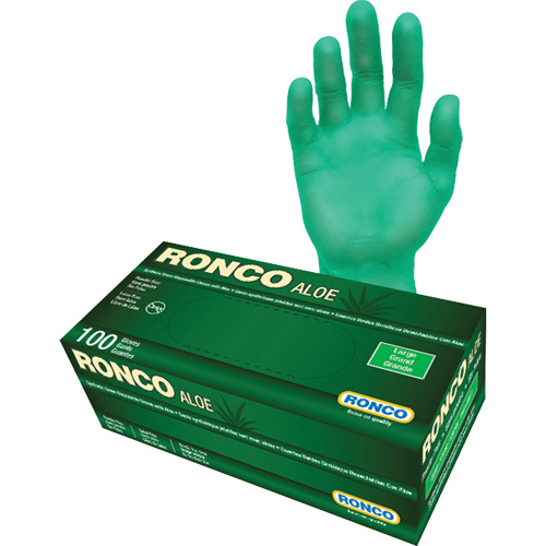 Gants jetables avec alo&egrave;s, Grand, Vinyle, 5 mils, Sans poudre, Vert Toolneeds Inc.