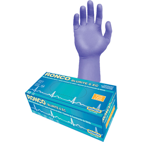 Gants d'examen &agrave; manchette allong&eacute;e Blurite 6 EC, Petit, Nitrile, 6 mils, Sans poudre, Mauve, Classe 2 Toolneeds Inc.