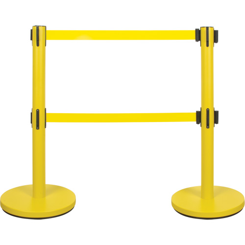 Dual Belt Crowd Control Barrier, Steel, 35" H, Yellow Tape, 7' Tape Length Toolneeds Inc.
