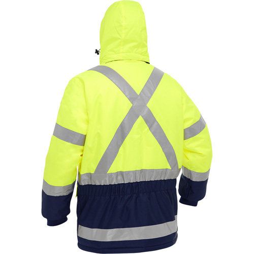 Manteau pour le froid extr&ecirc;me avec bas bleu marin et X au dos Bisley, Polyester, Jaune lime haute visibilit&eacute;, T-Grand Toolneeds Inc.