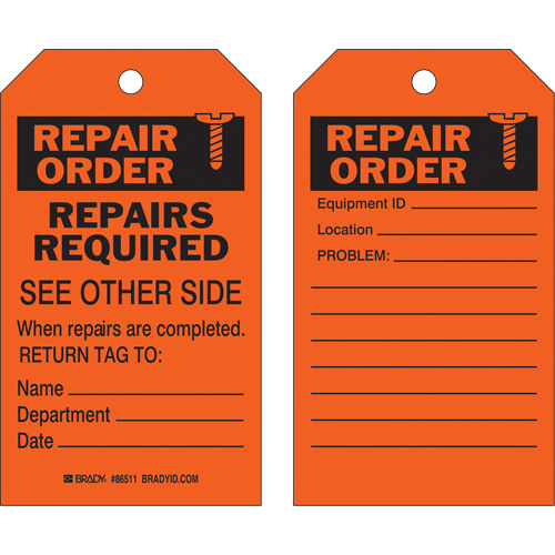 &eacute;tiquette pour les r&eacute;parations de s&eacute;curit&eacute;, Polyester, 4" la x 7" h, Anglais Toolneeds Inc.