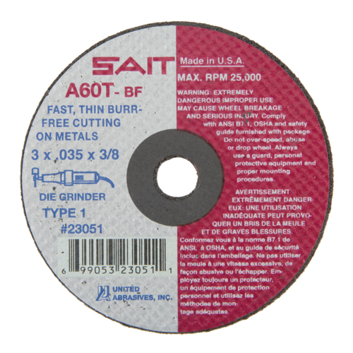 Cut-Off Wheel (A36T), 3" x 0.035", 3/8" Arbor, Type 1, Aluminum Oxide, 25000 RPM Toolneeds Inc.