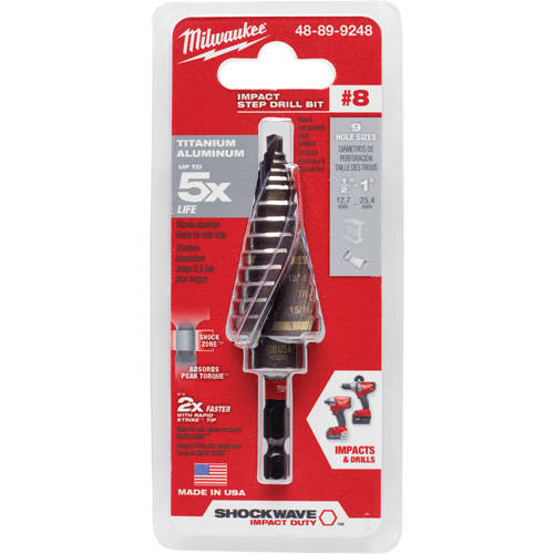 #8 Shockwave Impact Duty Step Drill Bit, 1/2" - 1" , 1/16" Increments, Titanium Toolneeds Inc.